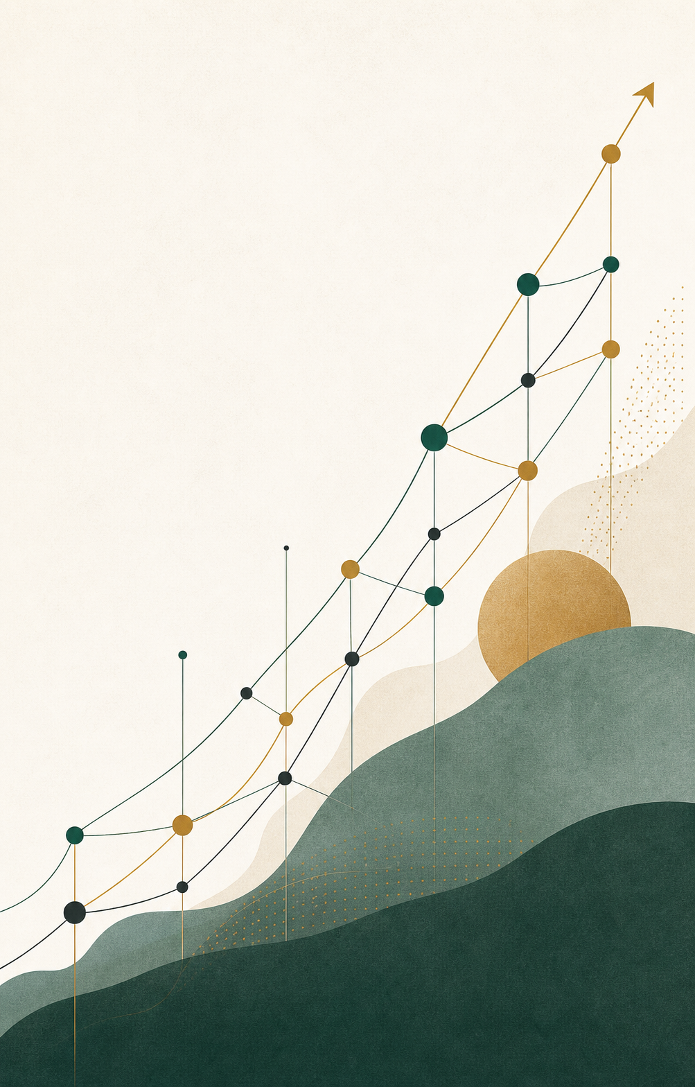 Abstract ascending network of connected nodes rising toward a gold arrow — a recruiting function built to scale